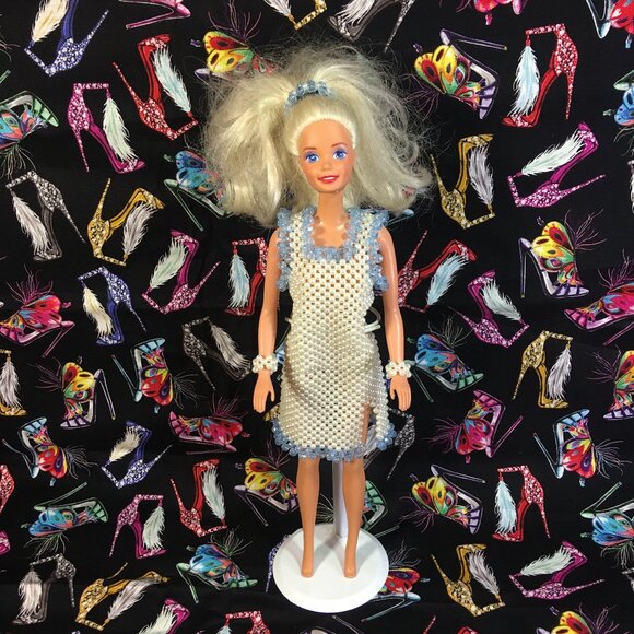Barbie 12" Doll with Custom Made Beaded Dress, Bracelets & Hair Tie - Picture 1 of 6